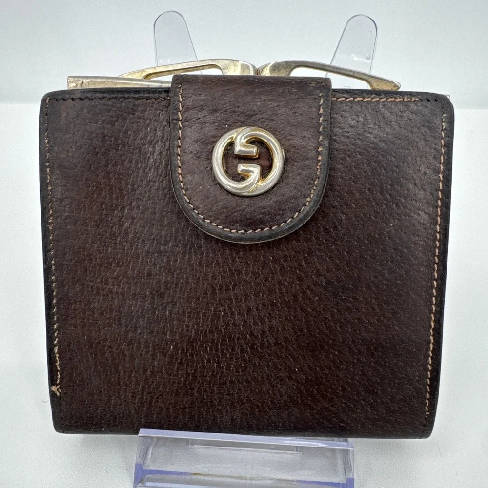 Gucci Vintage Interlocking bi-fold wallet Change Purse Brown leather Made Italy